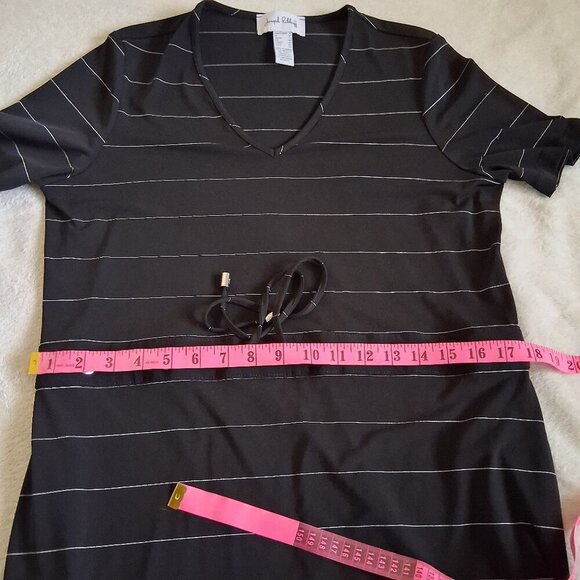 Joseph Ribkoff Women's Size 8 Black/Vanilla Stripe V Neck Tie Waist Midi Dress - Picture 13 of 14